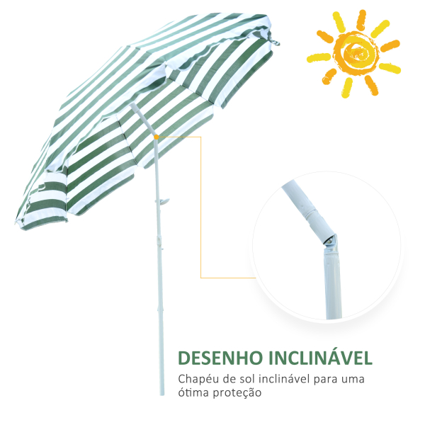 Outsunny Chapéu de Sol de Praia Ø180cm com Teto Inclinável e Mastro de Metal Proteção Solar para Jardim Terraço Exterior Listras Verdes e Branco - Image 5