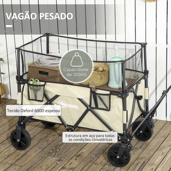 Outsunny Carrinho de Transporte Dobrável 180 L com Guiador Ajustável e Laterais Extensíveis Carga 120 kg para Jardim Praia Cáqui - Image 8
