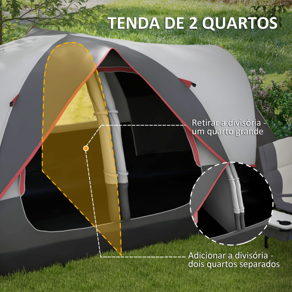 Outsunny Tenda de Campismo Familiar para 6-8 Pessoas Dobrável com 2 Quartos e Bolsa de Transporte Impermeável 450x215x180 cm Cinza - Image 5