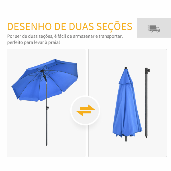 Outsunny Chapéu de Sol de Praia Grande Ø180 cm Chapéu de Sol de Exterior com Ângulo Ajustável Proteção UV50+ Mastro de Ø32 mm Azul - Image 8