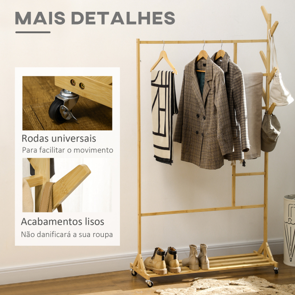 HOMCOM Suporte para Cabides de Bambu com Rodas Porta Cabides Multifuncional com 6 Ganchos Barra e Prateleira 100x37x191 cm Madeira - Image 6