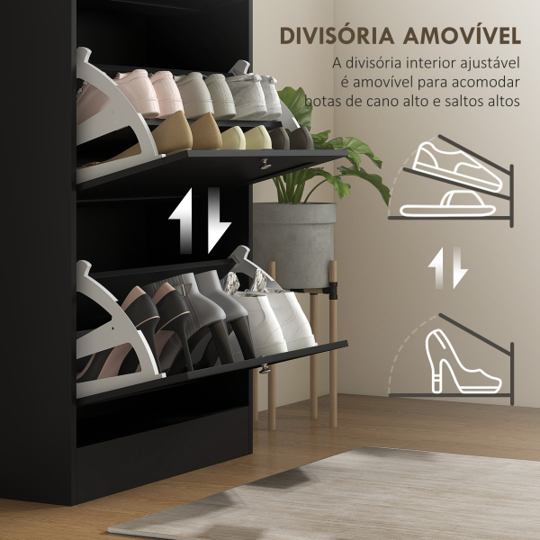 HOMCOM Móvel Sapateira de Entrada com 3 Gavetas Basculantes e Prateleiras Ajustáveis para 18 Pares de Sapatos 60x23,5x115 cm Preto - Image 6