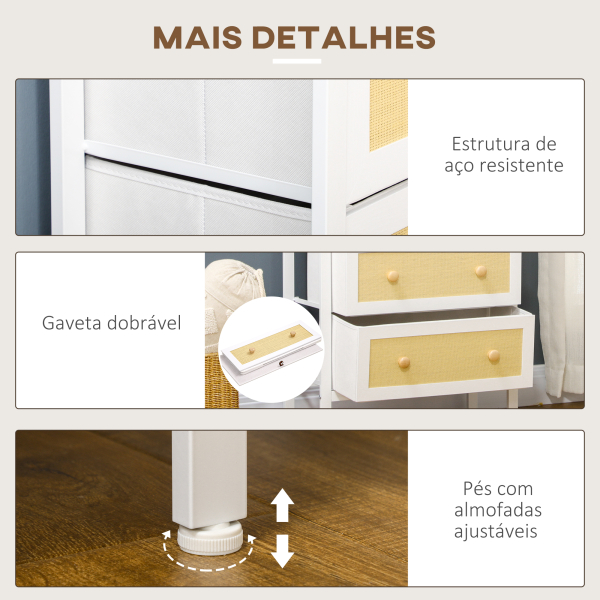 HOMCOM Cómoda Estilo Bohemio com 5 Gavetas de Tecido Dobráveis Superfície de Vime PE e Estrutura de Aço 62x30x126,5 cm Branco - Image 6
