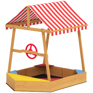 AIYAPLAY Caixa de Areia para Crianças em Forma de Barco com Toldo e Assentos Caixa de Areia para Exterior 133x101x141 cm Madeira