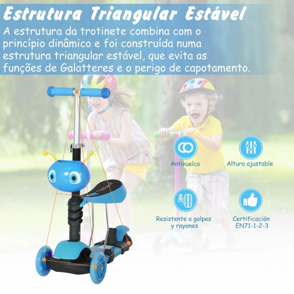 HOMCOM trotinete 5 em 1 para crianças de acima de1 ano trotinete de 3 rodas com assento removível guiador ajustável 62x25x72,5 cm Azul - Image 5