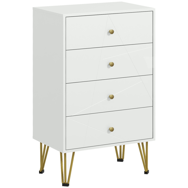 HOMCOM Cómoda de Quarto Moderna Cómoda de Madeira com 4 Gavetas e Pés Metálicos para Sala Escritório 60x40x100 cm Branco