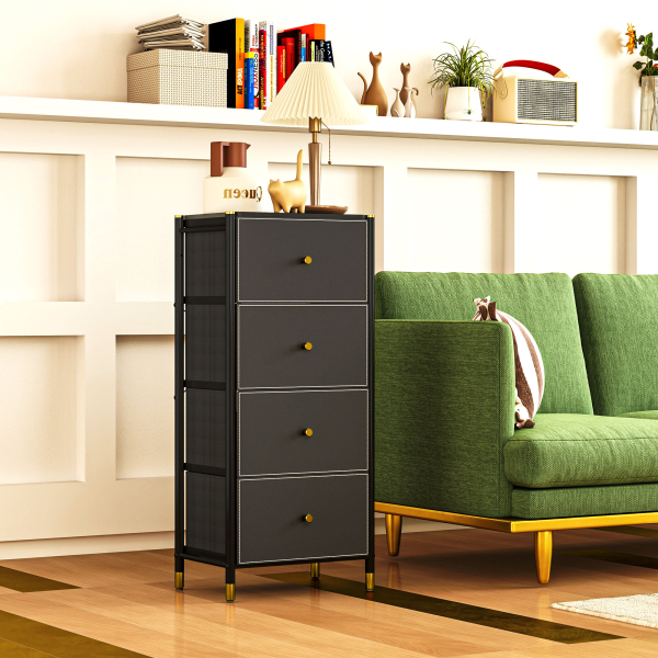 HOMCOM Cómoda para Dormitório Cómoda de Tecido com 4 Gavetas Dobráveis com Frentes de Couro PU 46x30x98 cm Preto - Image 7