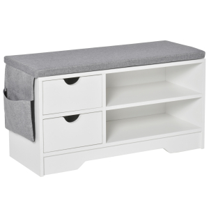 HOMCOM Banco Sapateira com 2 Prateleiras Bolso Almofada Amovível e 2 Gavetas para 4 Pares de Sapatos 80,5x30,5x43,5 cm Branco e Cinza