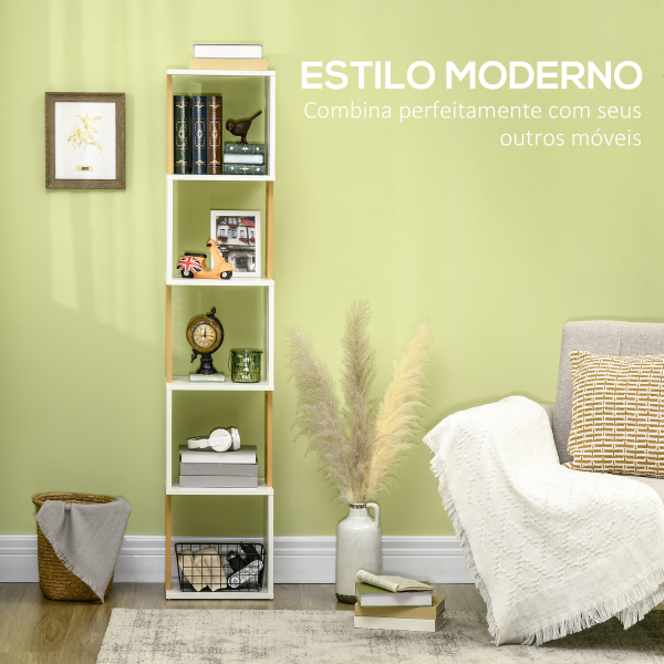 HOMCOM Estante de Livros em Forma de S Estante com 5 Prateleiras Abertas para Sala de Estar Escritório Anti-Tombo 33x28x161cm Branco - Image 5