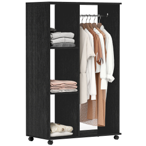 HOMCOM Roupeiro de Madeira Móvel Armário Roupeiro Aberto com Barra para Pendurar e 3 Prateleiras Organizadoras 80x40x128 cm Preto