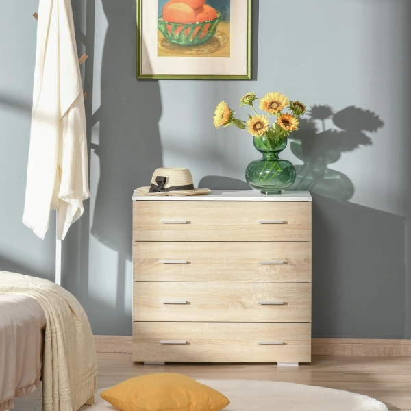 HOMCOM Cómoda com 4 Gavetas Cómoda Auxiliar de Armazenamento Moderna para Dormitório Corredor Sala de Estar 76x35x72cm Carvalho e Branco - Image 2