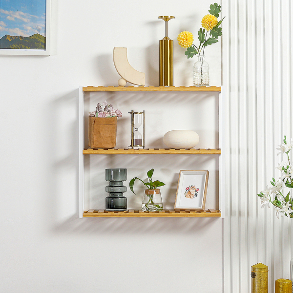 HOMCOM Estante de Parede de Bambu de 3 Níveis Estante Suspensa para Sala de Estar Dormitório Cozinha 60x15x54cm Madeira e Branco - Image 8