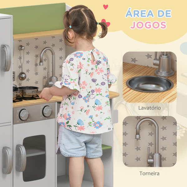 AIYAPLAY Cozinha de Madeira para Crianças com Máquina de Gelo Lavatório de Aço Inoxidável e Utensílios 84x34x89 cm Branco - Image 5
