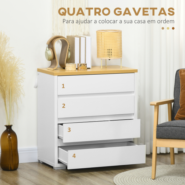 HOMCOM Cómoda Moderna com 4 Gavetas de Madeira para Dormitório Carga Máxima 40 kg 70x37x75 cm Branco e Madeira - Image 5