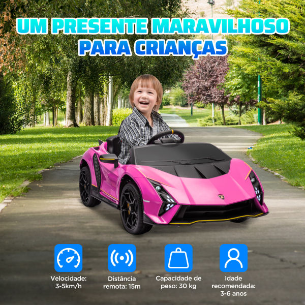 AIYAPLAY Carro Elétrico para Crianças Lamborghini 12V Controlo Remoto Faróis Buzina Arranque Lento e Música MP3 114,5x64x45,5 cm Rosa - Image 8