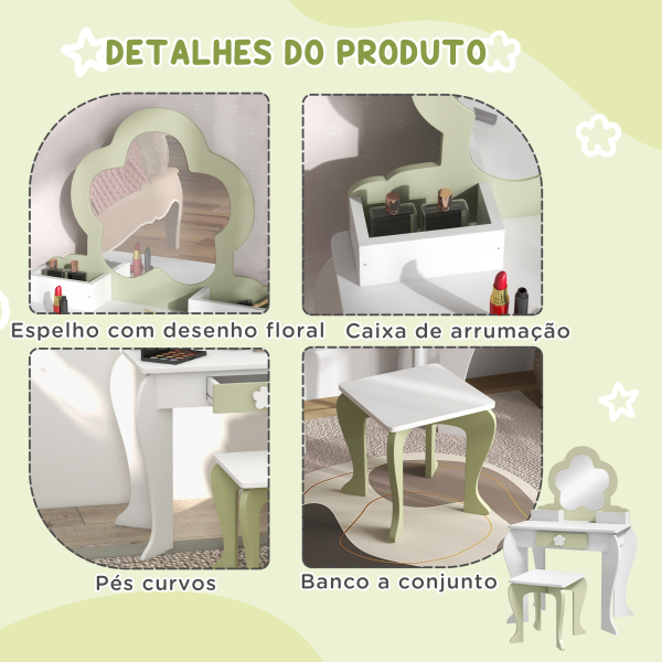 ZONEKIZ Toucador Crianças com Espelho e Banco Toucador de Maquilhagem para Crianças de 3-6 Anos 55x34x87,5 cm Branco e Verde Pastel - Image 6