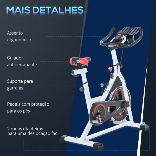 HOMCOM Bicicleta estática com tela LCD Sela ajustável Volante 8 kg Carga 100 kg 103x53x110-114 cm Branco - Image 7