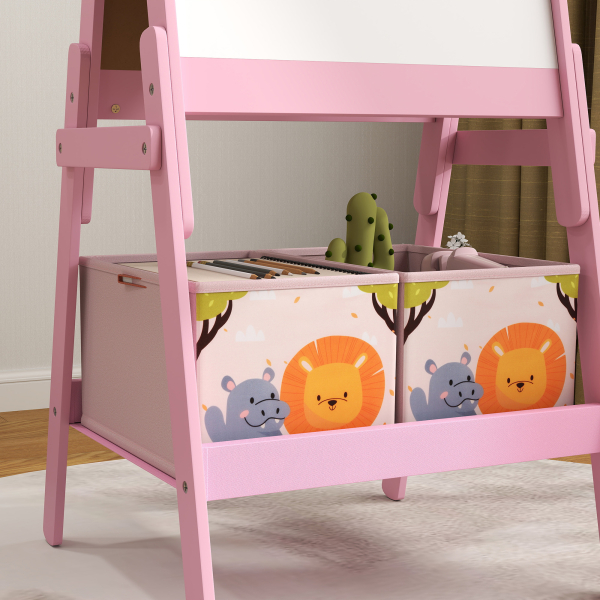 AIYAPLAY Cavalete para Crianças 2 em 1 Arsósia Infantil com Dupla Face 2 Caixas de Arrumação com Estampa em Animais 49x53,5x113 cm Rosa - Image 8