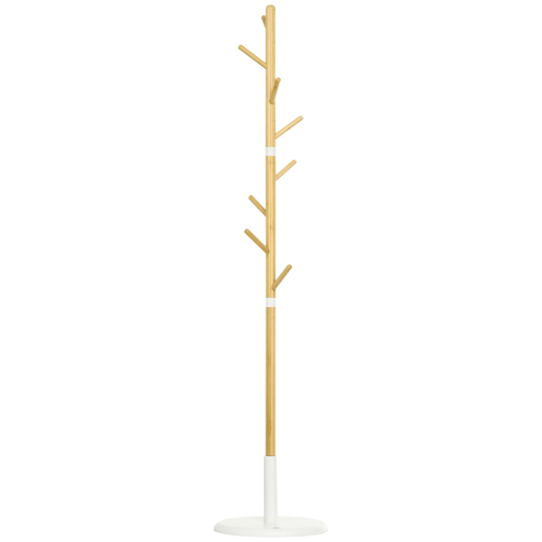 HOMCOM Cabide de Pé de Bambu Moderno com 8 Ganchos para Roupas Bolsas Ø37,8x175,6 cm Madeira e Branco