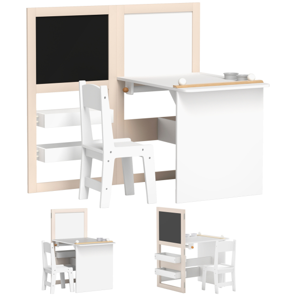 AIYAPLAY Mesa e Cadeira Infantil Mesa para Crianças com Cadeira Ardósias Dobrável Prateleiras e Rolo de Papel Branco