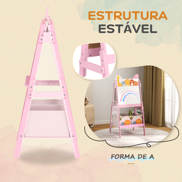 AIYAPLAY Cavalete para Crianças 2 em 1 Arsósia Infantil com Dupla Face 2 Caixas de Arrumação com Estampa em Animais 49x53,5x113 cm Rosa - Image 7