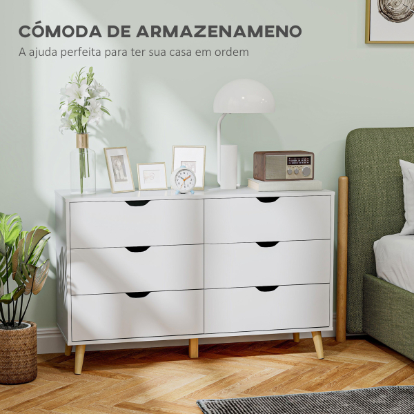 HOMCOM Cómoda com 6 Gavetas e Pés Elevados Cómoda para Dormitório Estilo Moderno Anti-Tombo 120x40x76 cm Branco - Image 4