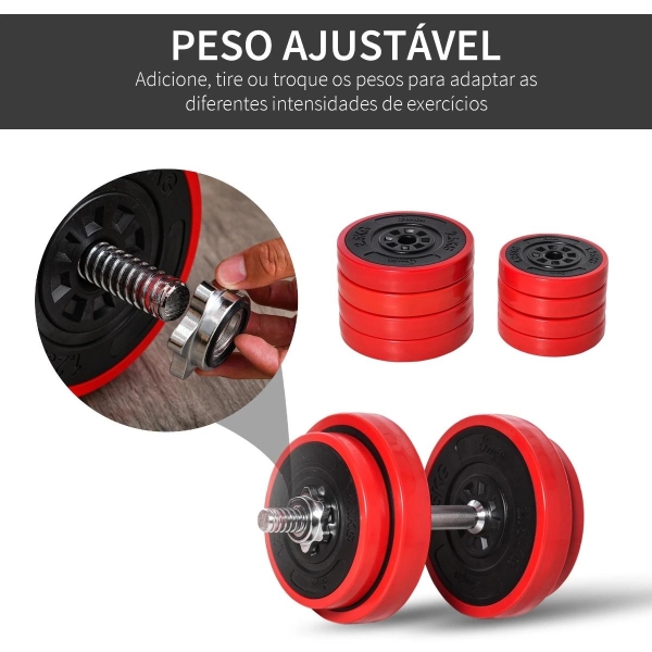 HOMCOM Conjunto de Halteres 20kg Ajustáveis 2 em 1 com 8 Discos 2 Barras e Extensor Ajustável para Treinamento de Força Levantamento de Pesos para Casa Academia Preto e Vermelho - Image 5