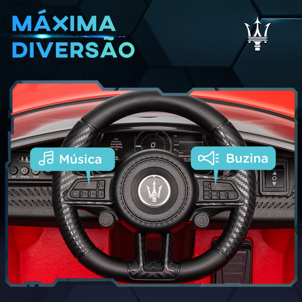 AIYAPLAY Carro Elétrico para Crianças Maserati Gran Turismo Folgore 12V Controlo Remoto Faróis Buzina e Música MP3 98x59x43 cm Vermelho - Image 7