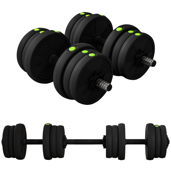 SPORTNOW Kit de Halteres 20kg 2 em 1 com Barra de Pesos Pega Antiderrapante para Treino de Força Preto Verde
