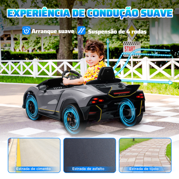 AIYAPLAY Carro Elétrico para Crianças Lamborghini 12V Controlo Remoto Faróis Buzina Arranque Lento e Música MP3 114,5x64x45,5 cm Cinza - Image 6