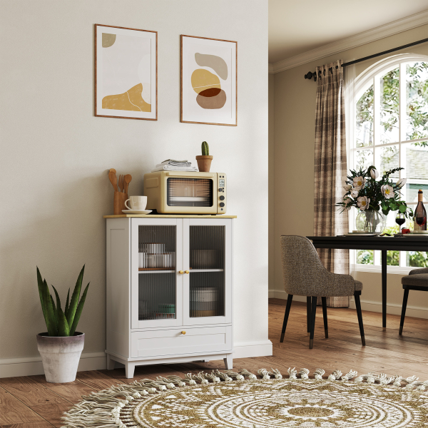 HOMCOM Aparador Sala de Estar com 2 Portas de Vidro Temperado Gaveta e Prateleira Ajustável 68x35x85 cm Branco - Image 2