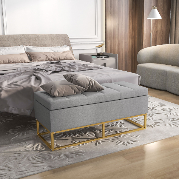 HOMCOM Banco de Armazenamento Retangular Estofado em Linho com Pés de Aço para Sala de Estar Dormitório 110x44x48 cm Cinza - Image 7