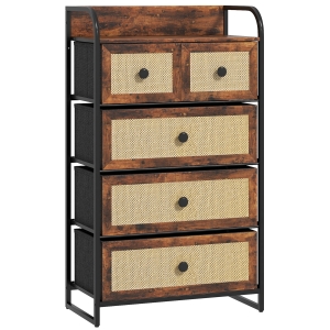 HOMCOM Cómoda de Tecido Cómoda para Dormitório com 5 Gavetas com Frente em Vime e Prateleira 58x29x99 cm Marrom Rústico