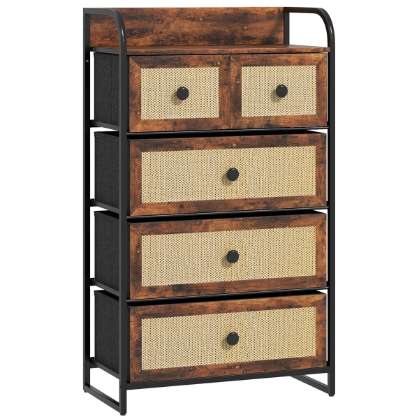 HOMCOM Cómoda de Tecido Cómoda para Dormitório com 5 Gavetas com Frente em Vime e Prateleira 58x29x99 cm Marrom Rústico