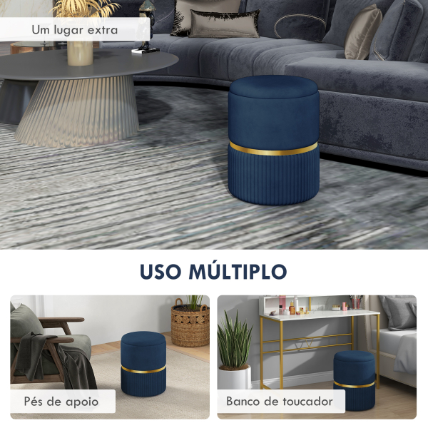 HOMCOM Banco de Armazenamento para Dormitório Puff de Arrumação Estofado em Veludo com Pés Antiderrapantes Ø36x44 cm Azul Escuro - Image 6