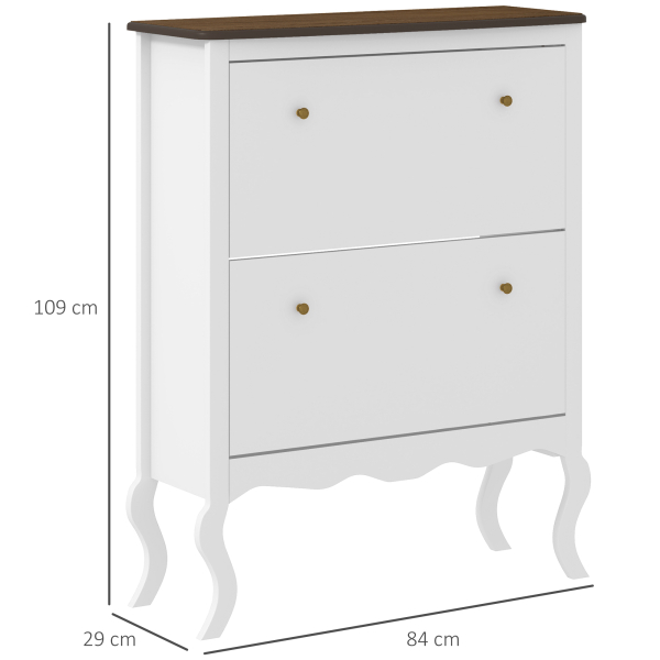 HOMCOM Móvel Sapateira Estilo Francês Sapateira com 2 Gavetas Prateleiras Ajustáveis para 16 Pares de Sapato 84x29x109 cm Branco - Image 3