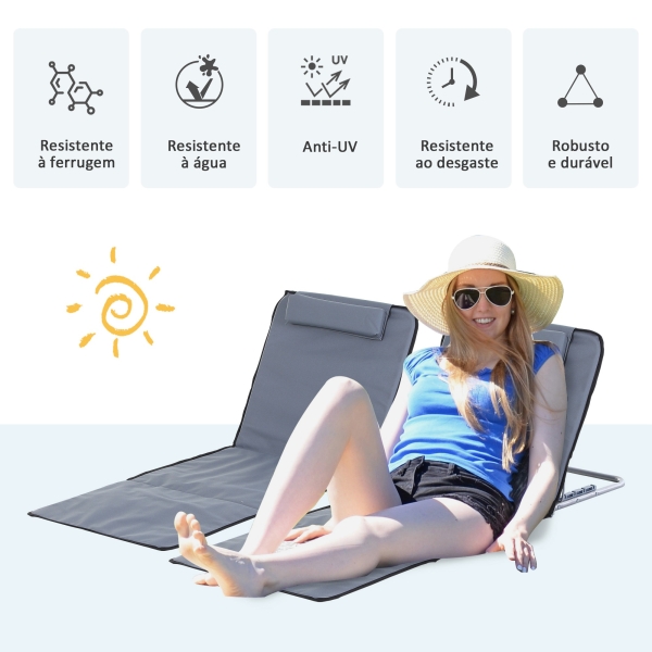 Outsunny Conjunto de 2 esteiras de praia com encosto reclinável em 5 níveis, bolsa de transporte e apoio de cabeça 48x134x33-43 cm cinza - Image 4