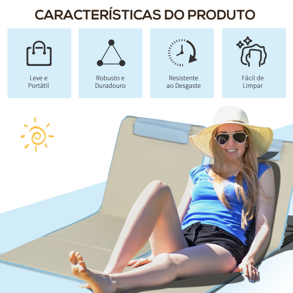 Outsunny Conjunto de 2 Esteiras de Praia Dobráveis 124x53x50cm com Encosto Ajustável e Apoio para a Cabeça Esteira de Praia Tecido Oxford Aço com Bolsa de Transporte Bege e Azul - Image 7