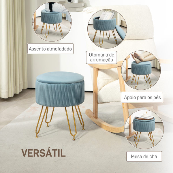 HOMCOM Puff de Armazenamento Estofado em Veludo Banco de Armazenamento com Pés de Aço Ø40x48 cm Azul Claro - Image 5