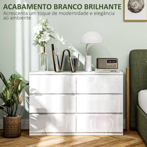 HOMCOM Cómoda com 6 Gavetas de Madeira Cómoda de Dormitório Cómoda Branca Estilo Moderno 112x34x75 cm Branco Brilhante - Image 5