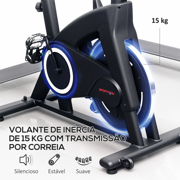 SPORTNOW Bicicleta Estática Bicicleta Fitness com Volante de Inércia de 15 kg Ecrã LED Guiador e Assento Ajustável 108x53x111 cm Preto - Image 4