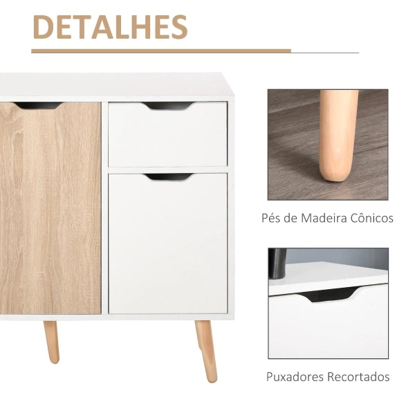 HOMCOM Aparador Móvel Auxiliar de Armazenamento com 2 Armários de Porta Gaveta Pés de Madeira para Sala de Estar Cozinha Dormitório 90x30x72cm Natural e Branco - Image 5