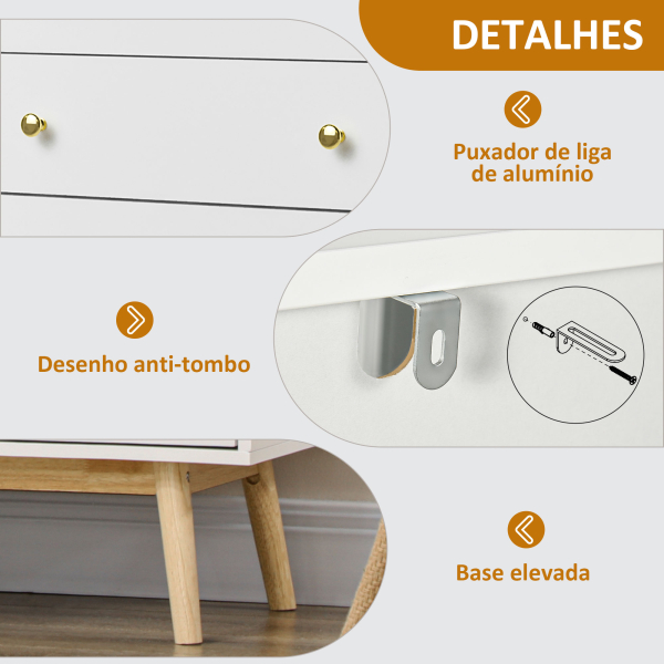 HOMCOM Aparador de Sala de Estar com 2 Portas de Vidro 3 Gavetas e Pés de Madeira de Borracha 160x40x80 cm Branco e Madeira - Image 6