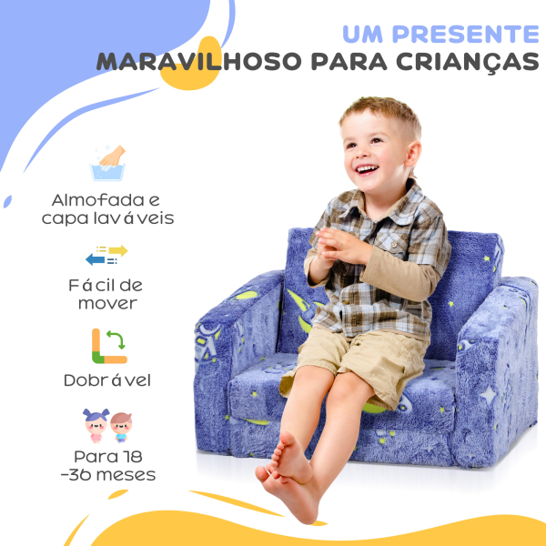 AIYAPLAY Poltrona para Crianças Dobrável e Reclinável Sofá para Crianças Estofado em Tecido Luminoso com Desenho Espacial Azul - Image 7