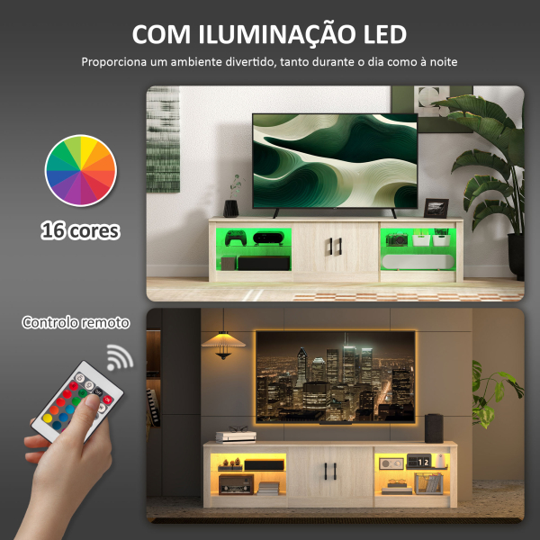 HOMCOM Móvel de TV Moderno com Luzes RGB 2 Orifícios para Cabos para Televisores de até 75 Polegadas 180x35x45 cm Madeira - Image 5