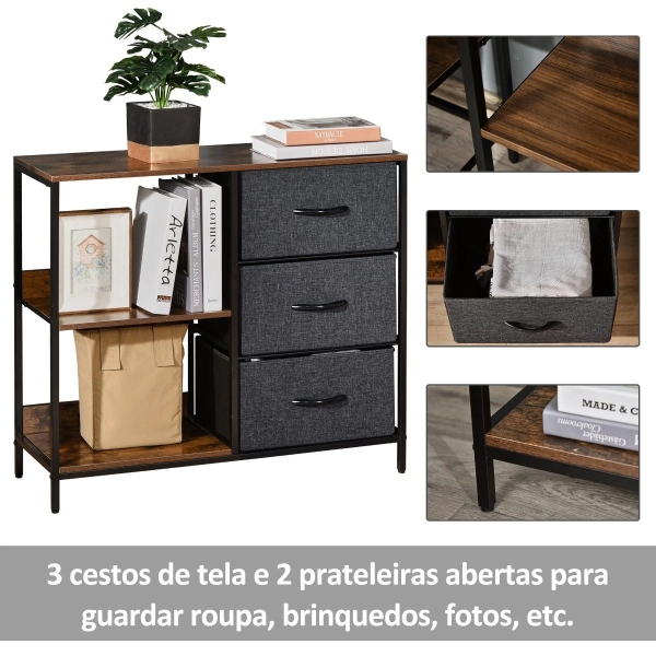 HOMCOM Cómoda de Estilo Industrial com Cestos de Tela Dobráveis e 2 Prateleiras para Dormitório Sala de Estar Corredor 80x29x71cm Marrom Rústico e Cinza Escuro - Image 5