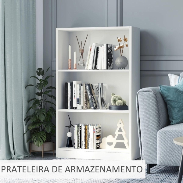 HOMCOM Estante para Livros com 3 Compartimentos de Armazenamento Livros Plantas para Sala de Estar Estúdio Dormitório 62,2x24x102,4cm Branco - Image 6