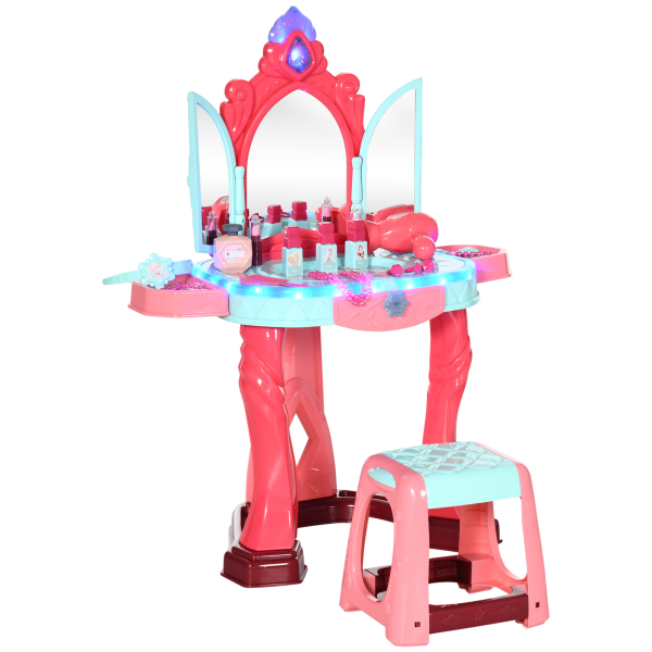 AIYAPLAY Toucador Infantil com Banco Espelho Luz Música e Secador Inclui 18 Acessórios Toucador de Maquilhagem 57x34x76cm Multicor