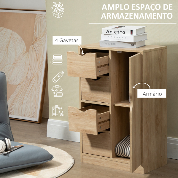 HOMCOM Armário de Sala de Estar Aparador Auxiliar com 4 Gavetas 1 Armário e Prateleira Inferior Móvel de Armazenamento Múltiuso para Dormitórios Sala de Jantar 54x29x83cm Carvalho - Image 5