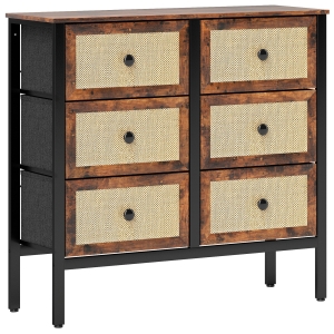 HOMCOM Cómoda para Dormitório Cómoda de Tecido com 6 Gavetas Dobráveis com Frentes de Vime 88x30x83 cm Marrom Rústico